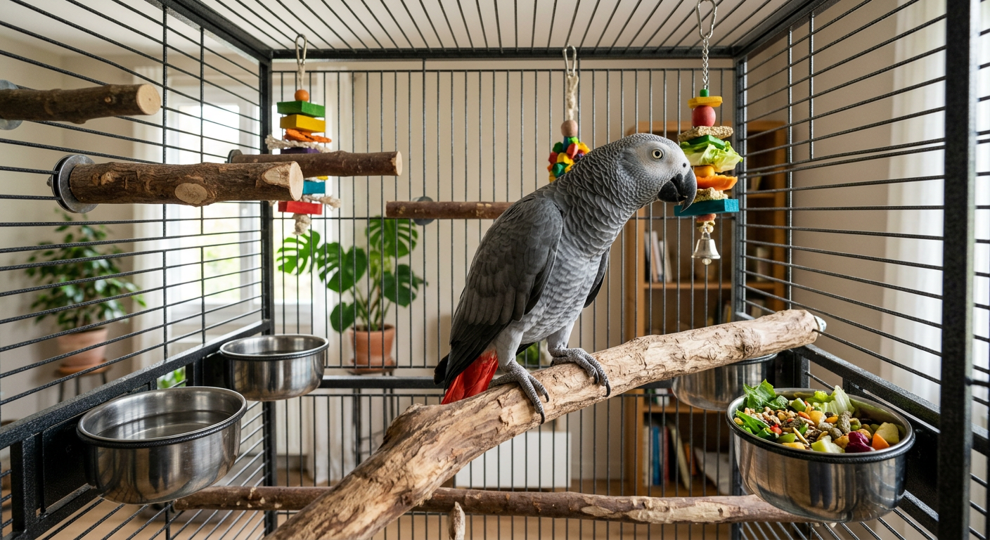 perroquet gris du gabon — Guide pratique : Aménager une cage idéale pour un Gris du Gabon pour optimiser son bien-être