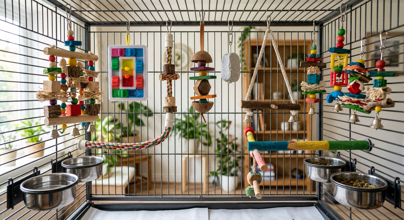 Un assortiment de jouets stimulants et colorés pour perroquets, incluant des perchoirs, des blocs à mâcher et des puzzles, disposés dans une grande cage propre et bien équipée.