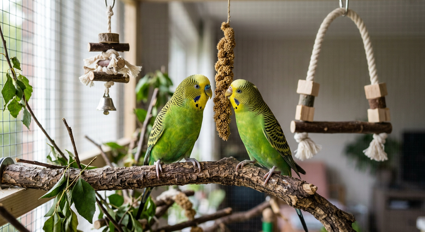 Un couple de perruches ondulées vertes et jaunes, interagissant sur un perchoir en bois naturel à l'intérieur d'une volière spacieuse et enrichie de jouets.