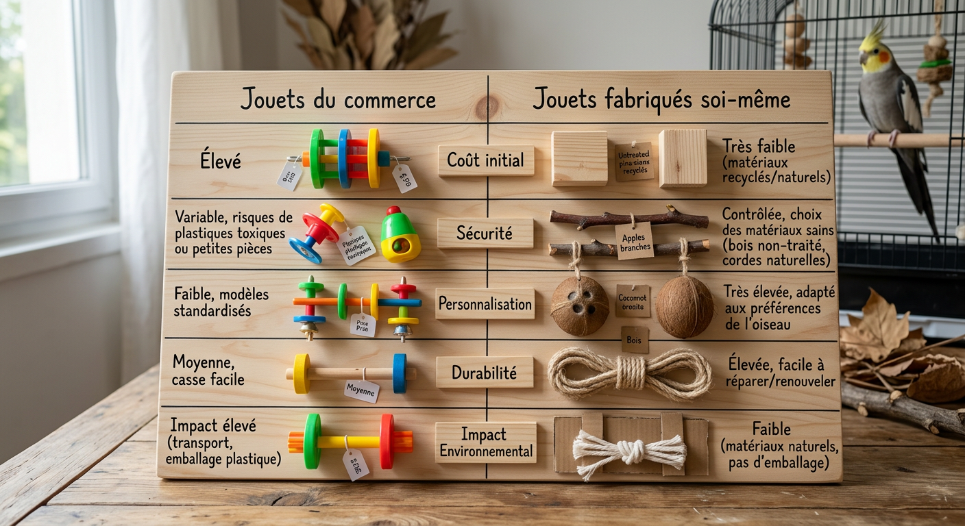 Un tableau comparatif détaillé présentant les avantages et inconvénients des jouets du commerce versus les jouets fabriqués soi-même pour perroquets, avec des critères tels que le coût, la sécurité et la personnalisation.