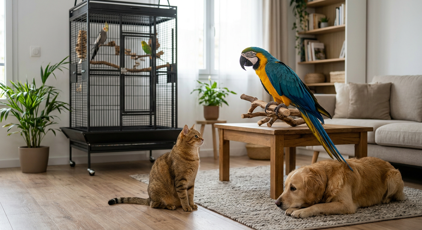 perroquet et autres animaux — Cohabitation : Perroquets et chats, chiens ou autres oiseaux ? Astuces pour une entente cordiale