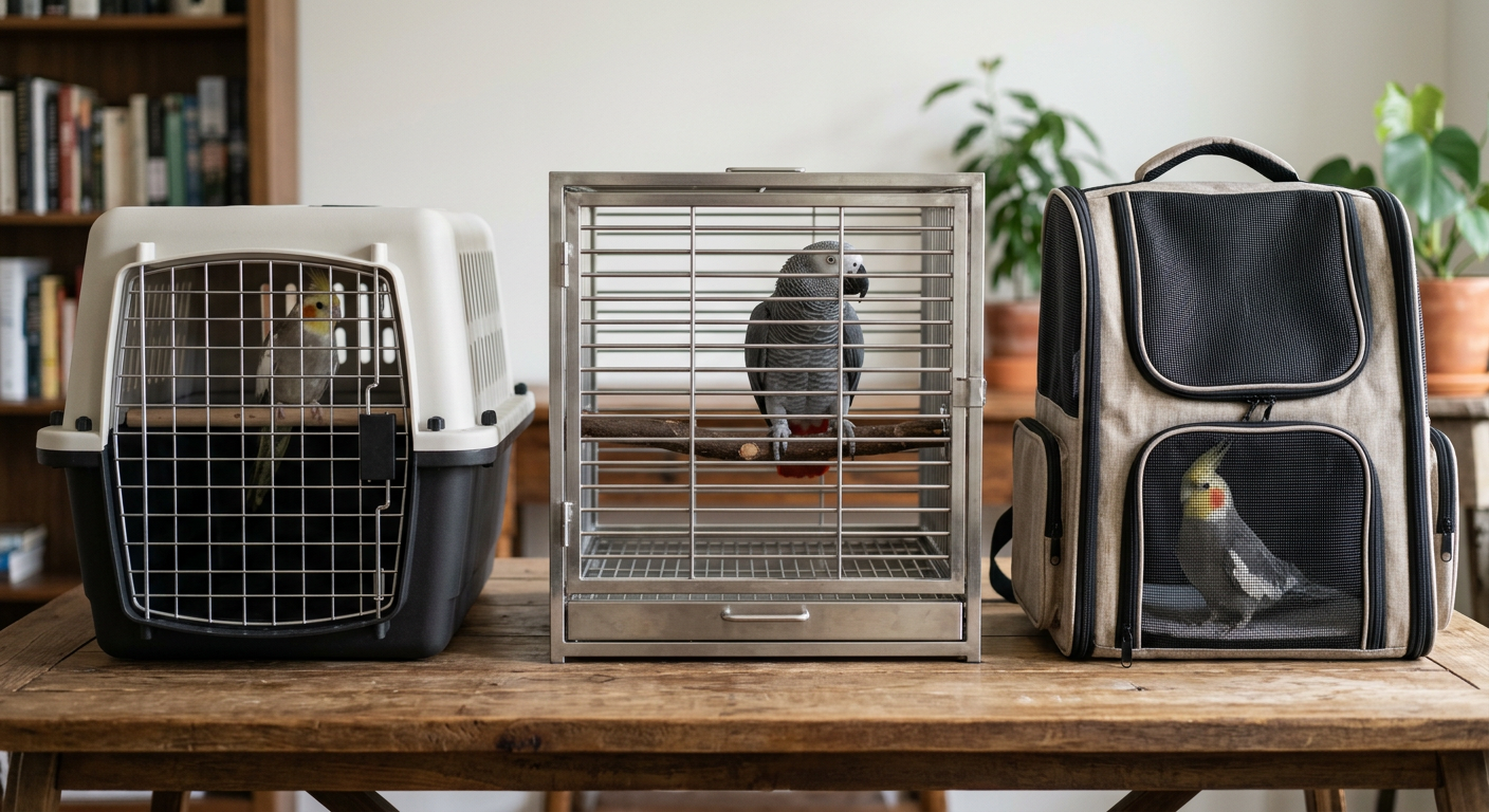 Tableau comparatif détaillé des types de cages de transport pour oiseaux (plastique, métallique, sac), illustrant les avantages et inconvénients de chaque option avec des icônes descriptives.