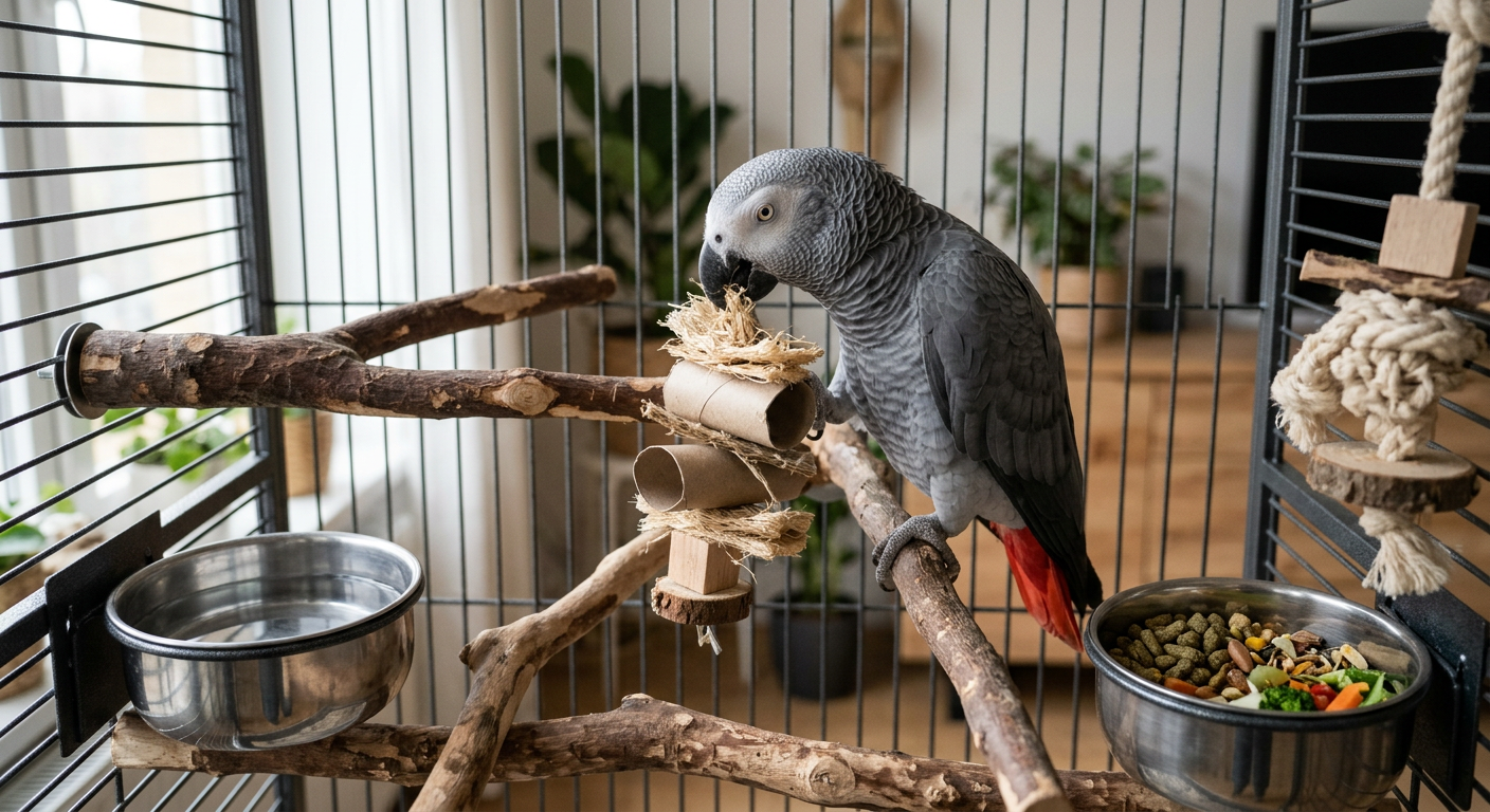 perroquet gris du gabon — Guide pratique : Aménager une cage idéale pour un Gris du Gabon pour optimiser son bien-être