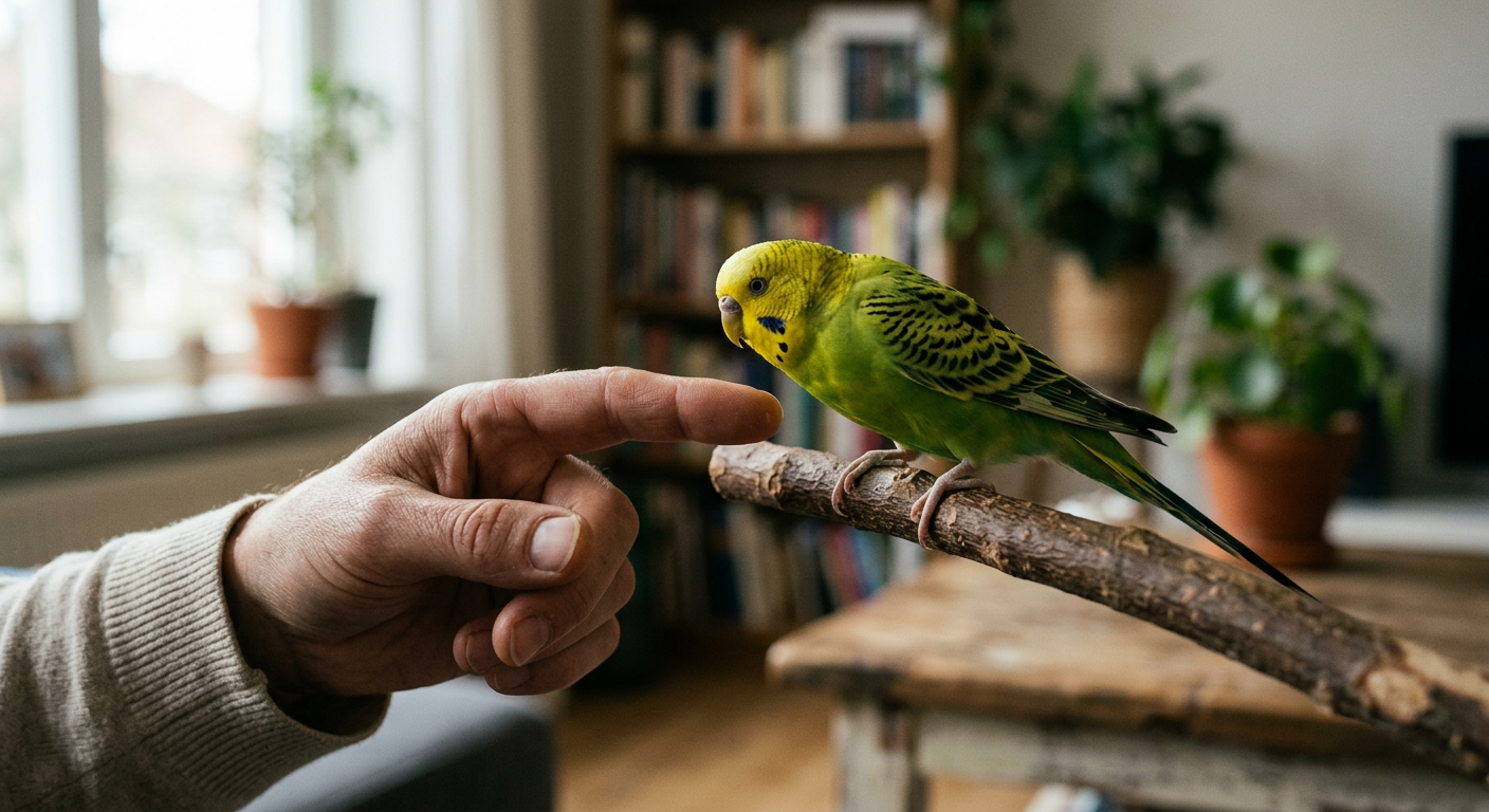Une main humaine tend un doigt vers une perruche ondulée jaune et verte, qui semble prête à interagir ou à se percher, illustrant l'apprivoisement et la confiance mutuelle.