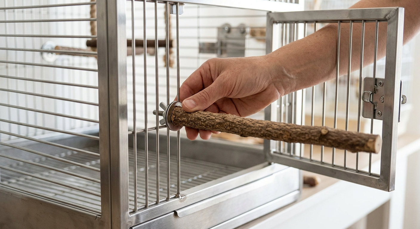 Vue rapprochée d'une main humaine ajustant un perchoir texturé à l'intérieur d'une cage de transport pour perroquet. Le perchoir est en bois naturel, et la cage est en acier inoxydable, montrant un système de fixation sécurisé.