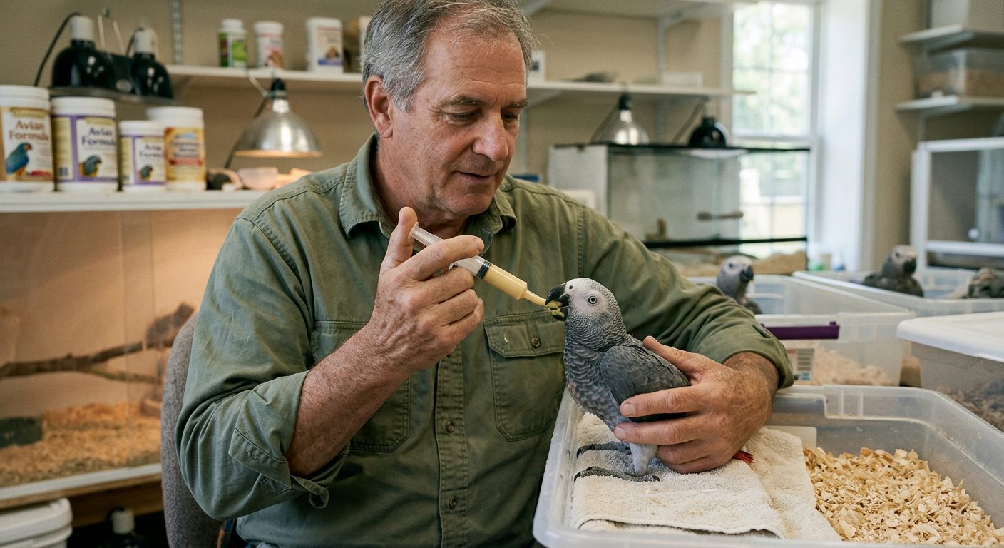 Un éleveur expérimenté nourrissant à la main un jeune perroquet, démontrant la socialisation et le soin nécessaires pour les jeunes oiseaux avant l'adoption.