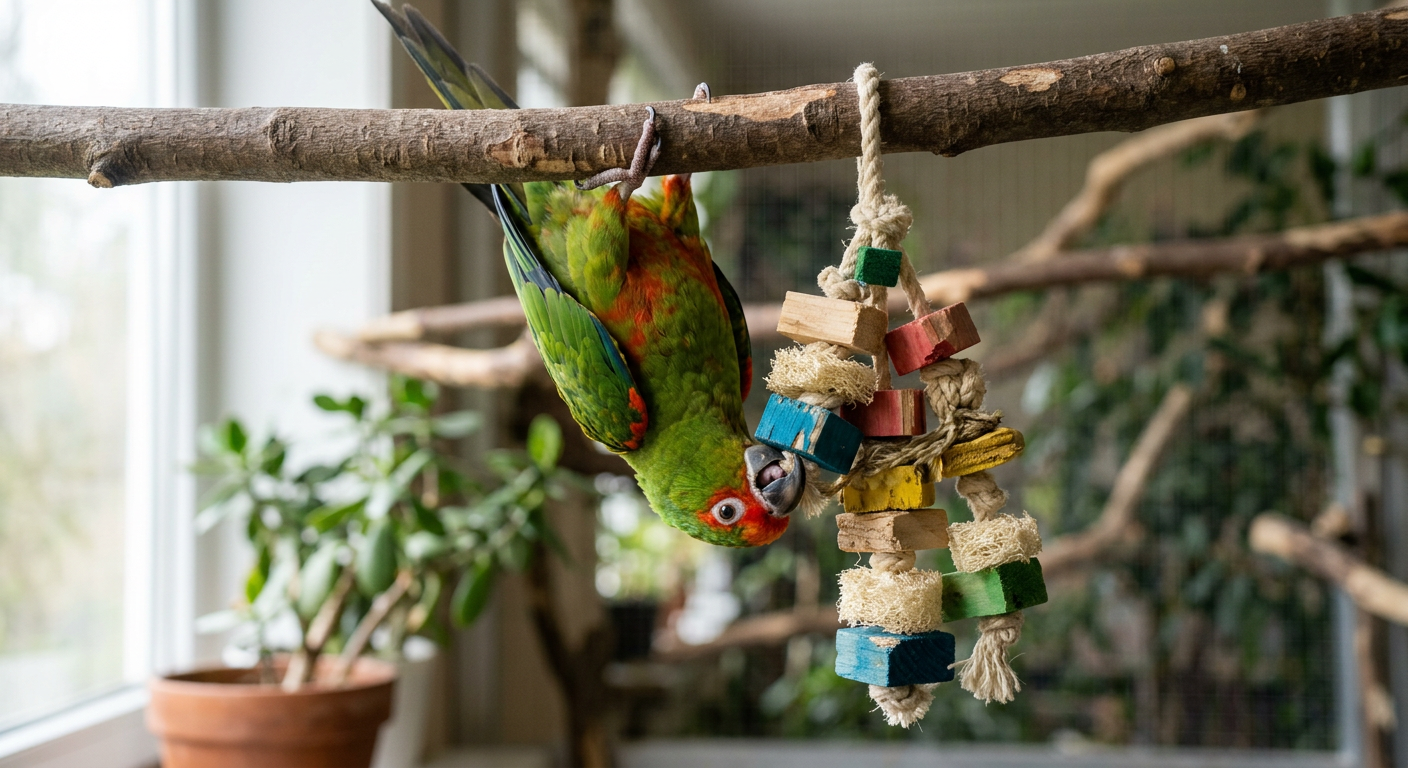 Un perroquet conure aratinga au plumage vert et rouge est suspendu la tête en bas, mordillant avec curiosité un jouet coloré fait de blocs de bois et de corde naturelle, attaché à une branche.