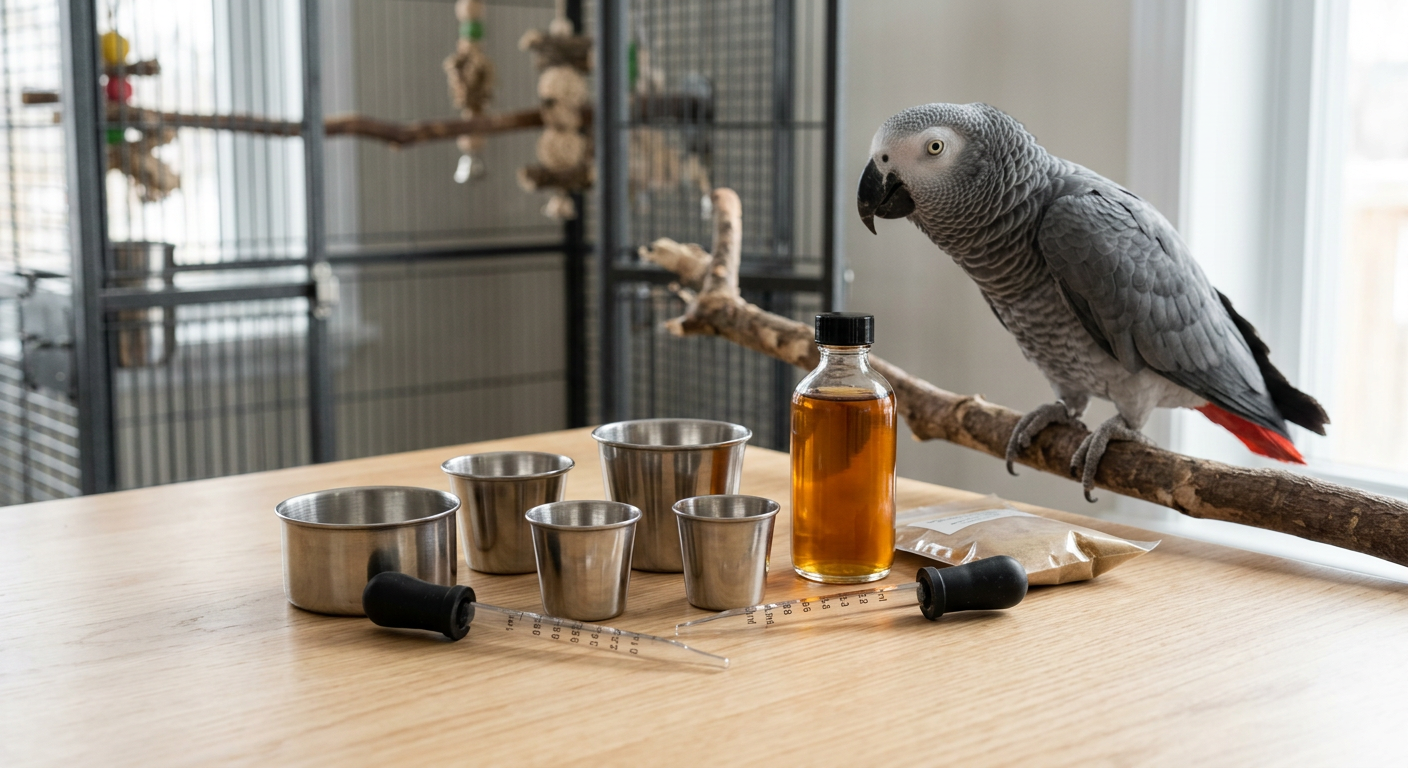 Un assortiment de petites coupelles en acier inoxydable et de pipettes graduées, disposées sur une table propre, symbolisant l'équipement nécessaire à l'administration précise de suppléments vitaminiques pour oiseaux. L'image suggère le soin et la rigueur dans les pratiques d'élevage.
