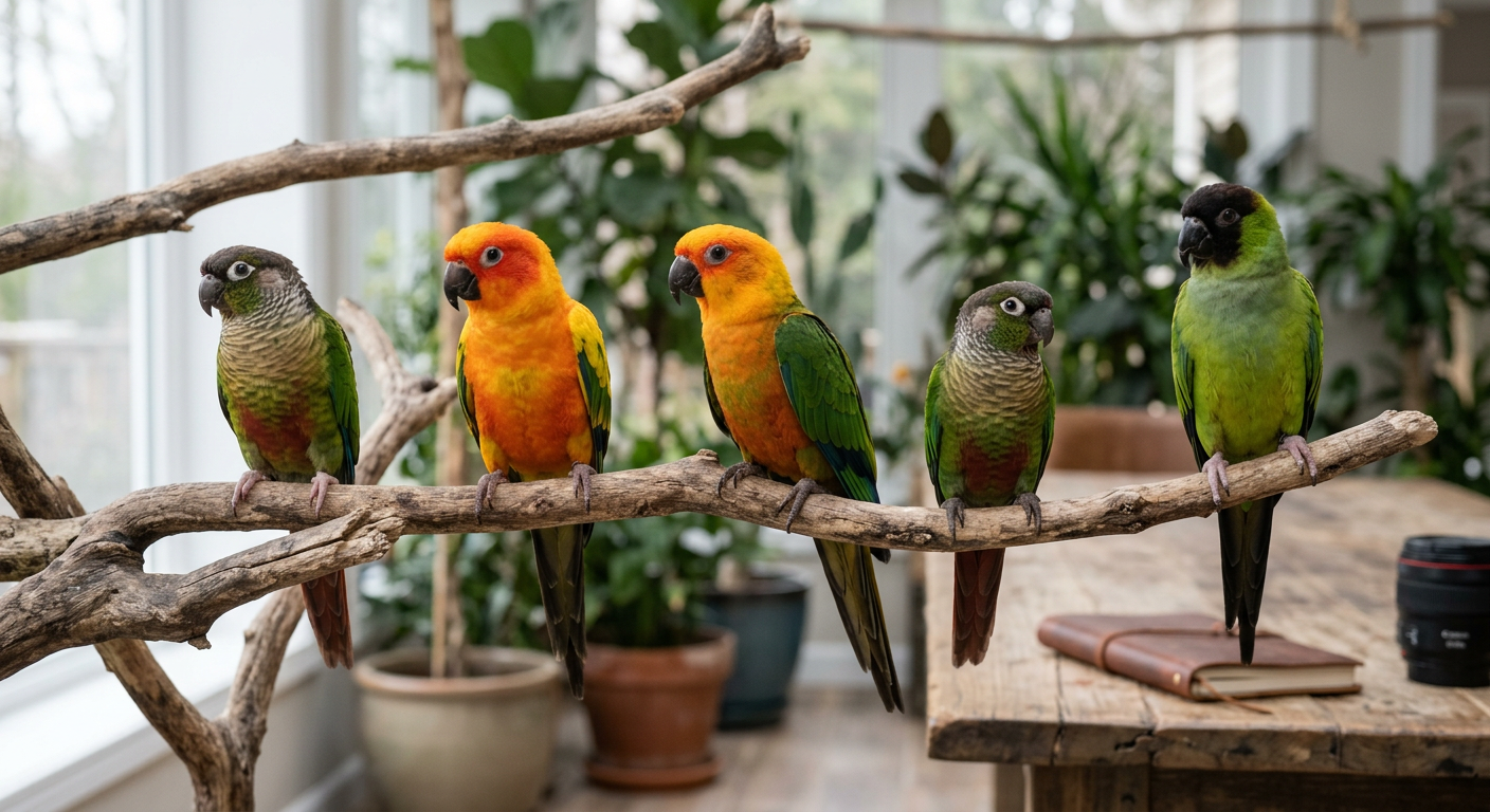 Un tableau comparatif détaillé des différentes espèces de conures, incluant leur taille, espérance de vie, niveau sonore et tempérament.