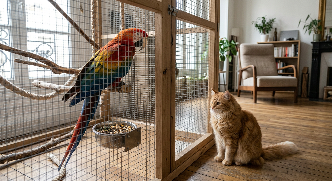 perroquet et autres animaux — Cohabitation : Perroquets et chats, chiens ou autres oiseaux ? Astuces pour une entente cordiale