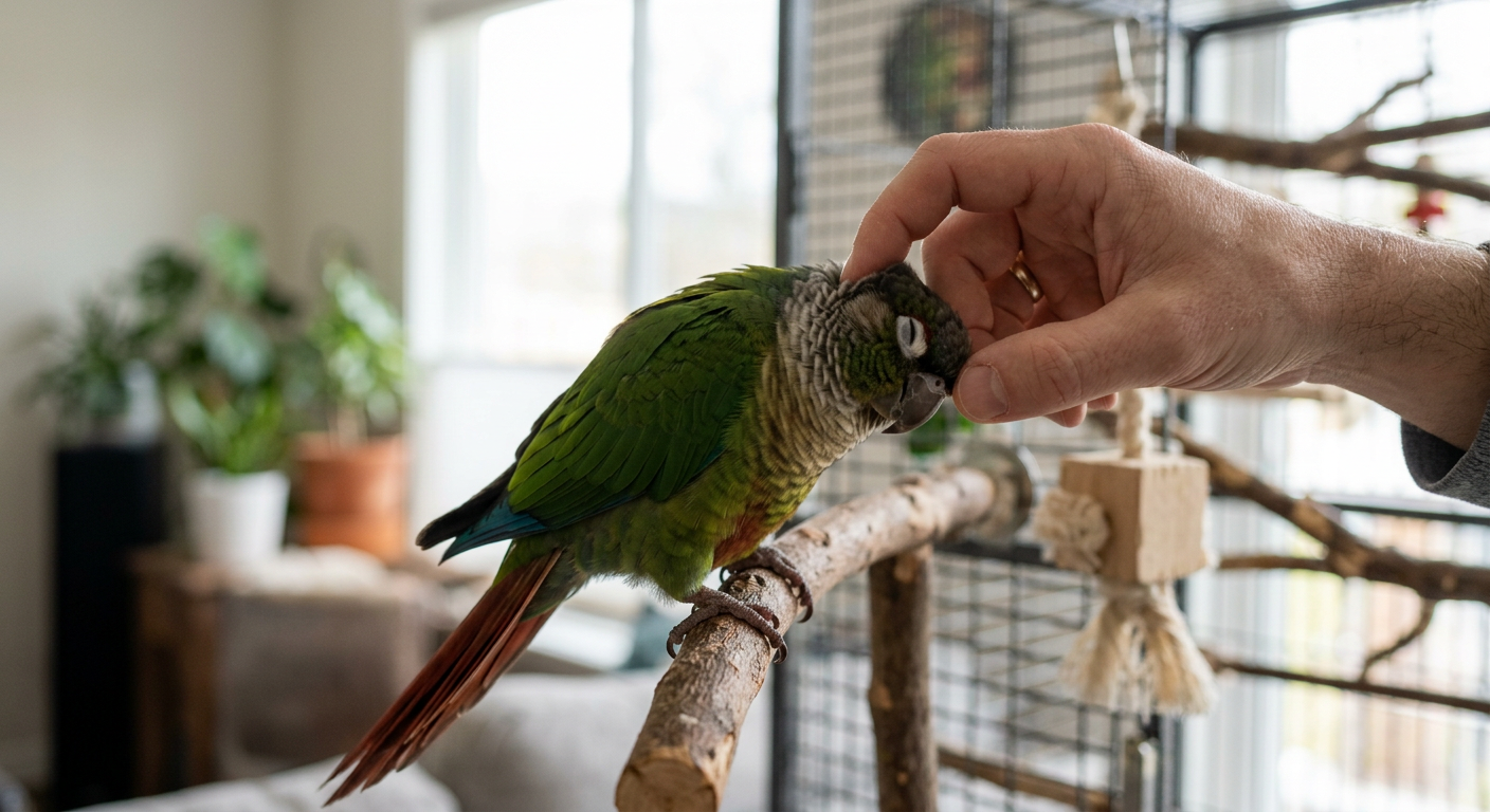 Une main humaine caressant la tête d'une conure à joues vertes douce et attentive, sur un fond flou d'intérieur.