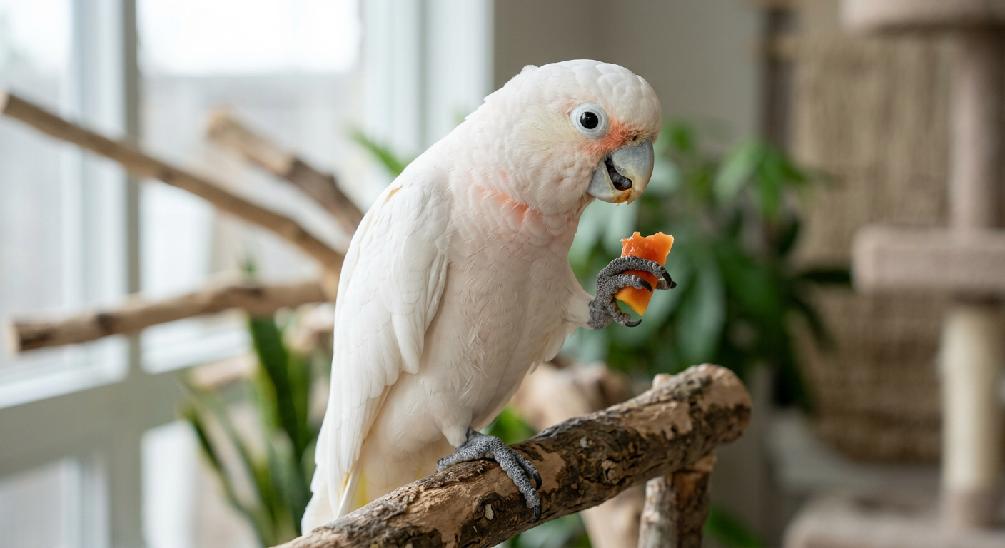 Un perroquet Cacatua Goffin aux plumes blanches immaculées, les joues légèrement rosées, perché sur une patte tout en tenant un morceau de fruit frais avec l'autre. L'oiseau semble attentif et en bonne forme physique.